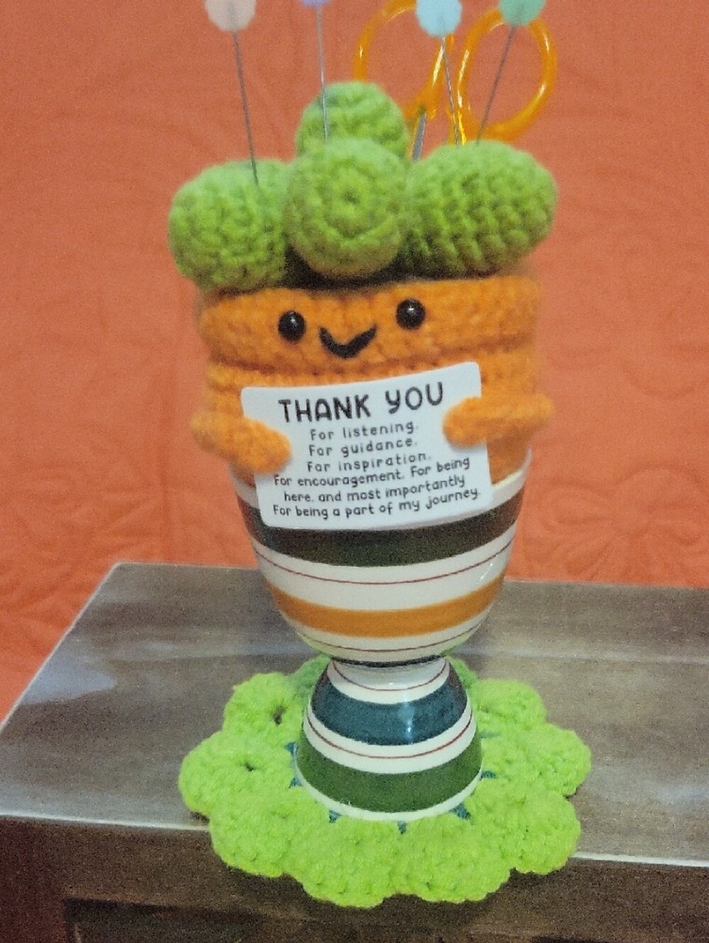 Hand  Crafted Orange & Green Crochet Succulent Pin Cushion - Thank You Note